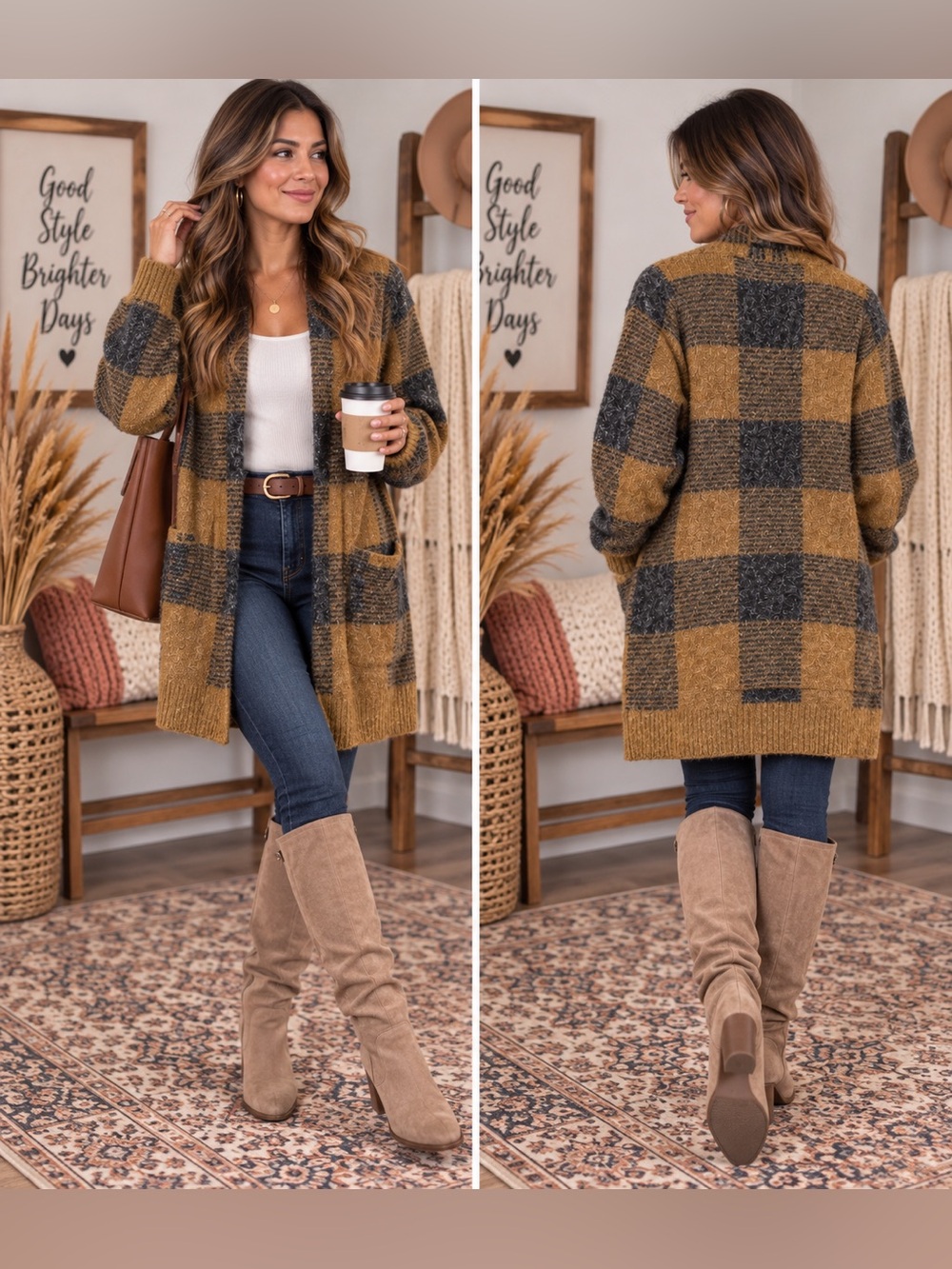 Cyrus Mustard and Charcoal Plaid Open-Front Cardigan